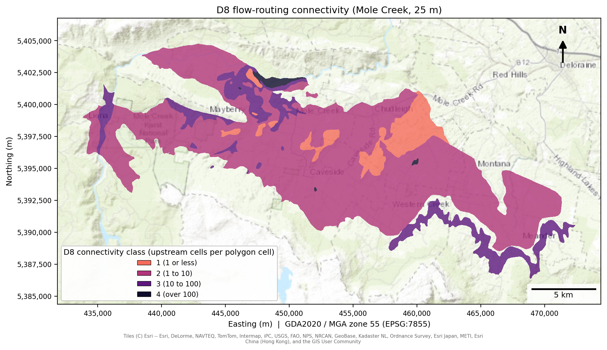 D8 connectivity map for Mole Creek, 25m.