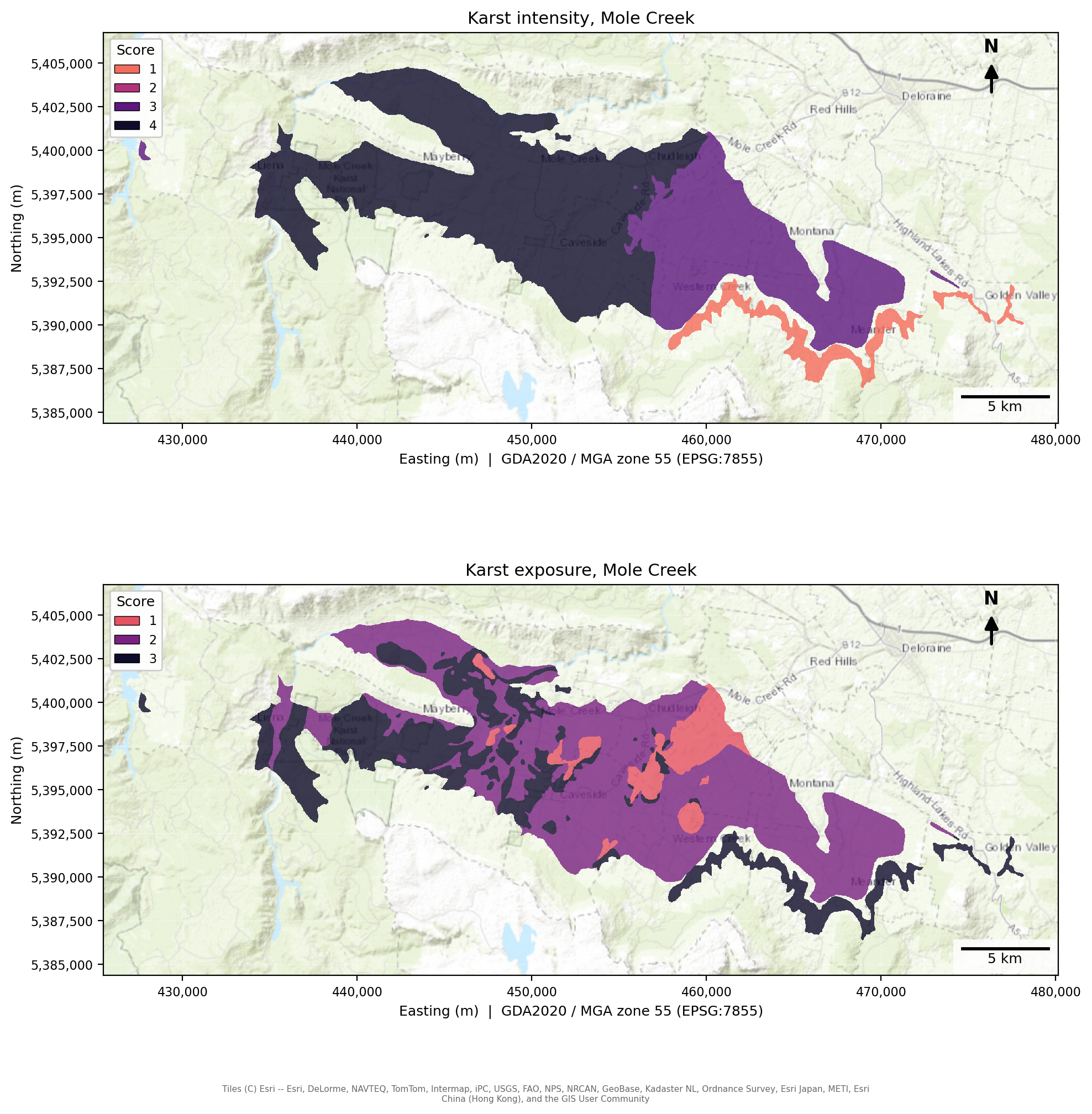 Two maps of Mole Creek: Karst intensity from 1 to 4 and exposure score 1-3.