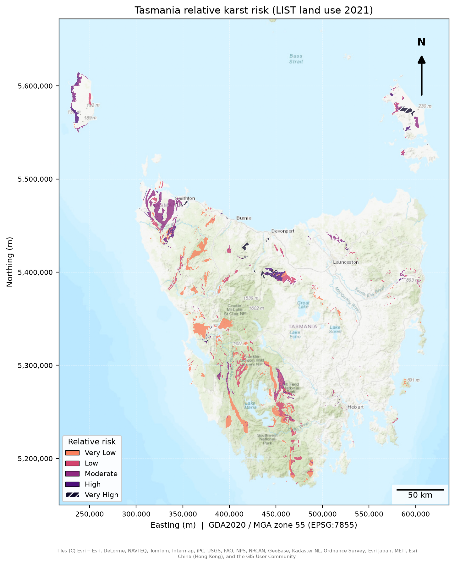 Map of Tasmania showing relative karst risk in five classes from Very Low to Very High, with the highest classes in the north-west and the south-west.