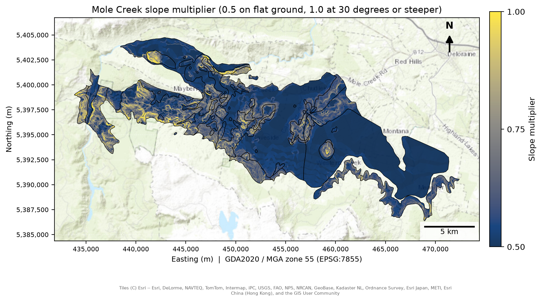 Map of the slope multiplier on the Mole Creek karst, from 0.5 on flat ground to 1.0 on steep ground. Most of the karst is close to 0.5.
