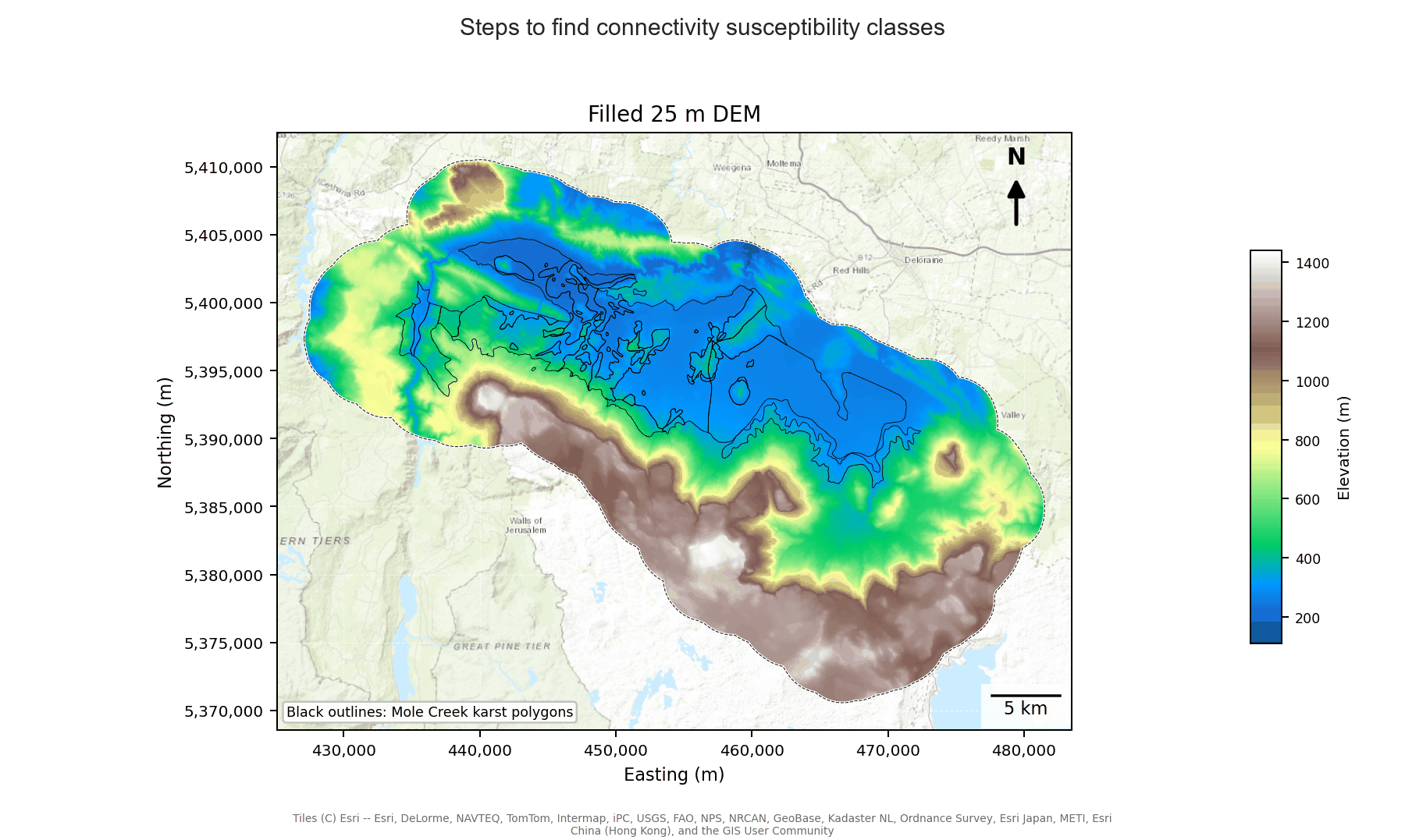 Two maps of Mole Creek: karst intensity from 0 to 4 and exposure type.