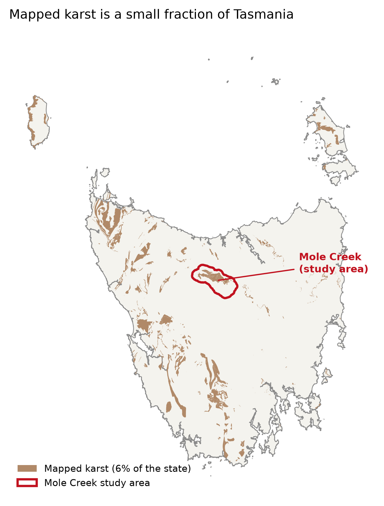 Map of Tasmania showing scattered mapped karst and the Mole Creek study area highlighted.
